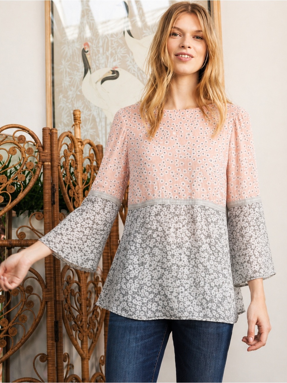 White Stuff sheer floral Waterfall Top Size 6 pink gray Feminine Boho Romantic